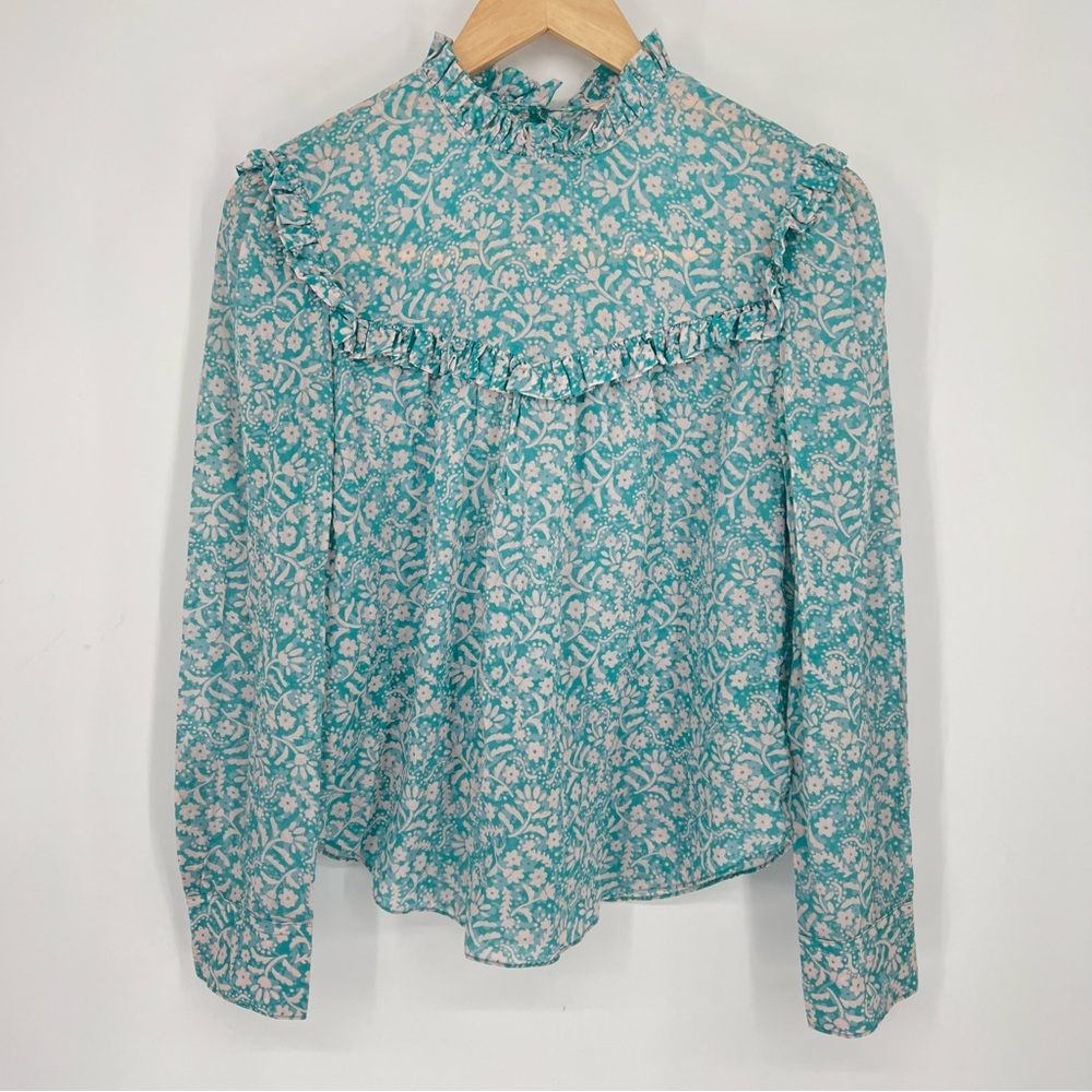 Rebecca Taylor Floral‎ Ruffle Yoke Long Sleeve Top Blue Cream romantic